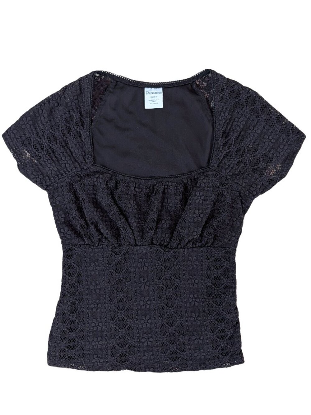 No Boundaries juniors black square neck lace short sleeve top VGUC XS 0-2